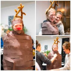 three pictures of people in costumes made to look like reindeers