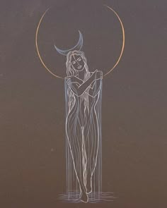 a drawing of a woman standing in front of the moon