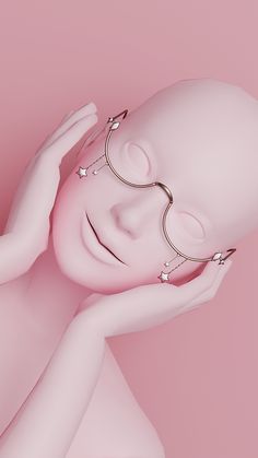 a woman with glasses on her head and nose piercings in front of a pink background