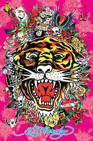 an image of a tiger with flowers on it's head and the word love is in