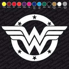 the wonder woman logo with stars and wings on it is shown in white, surrounded by colors