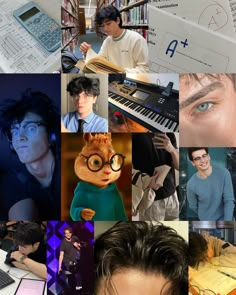 a collage of photos with people and musical instruments in the middle one man is wearing glasses