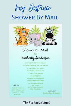 a baby shower by mail with an elephant, tiger and giraffe on it