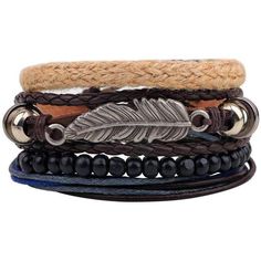 This bracelet oozes free-spirited & earthy style with its pops of indigo, braided leather and worked metal feather charm. The feather multi-layer leather set combines four individual bracelets stacked together to create a perfectly boho-chic accessory. Van Hippie, Leather Braclet, Bracelets Style, Silver Leaf Bracelet, Bodhi Leaf, Western Wild, Beaded Leather Bracelet, Multiple Bracelets, Feather Bracelet