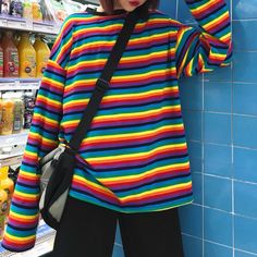 Harajuku Rainbow Striped Long Sleeve T-shirt on Storenvy Lgbtq Clothing Aesthetic, Rainbow Long Sleeve Shirt, Rainbow T-shirt, Rainbow Shirt Outfit, Rainbow Goth Aesthetic, Rainbow Clothes Aesthetic, Rainbow Core Outfit, Scenecore Clothes, Harajuku Rainbow