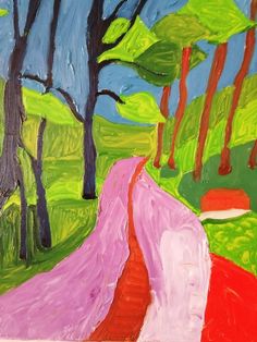 a painting of a road with trees on both sides