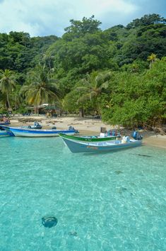 two boats are docked on the beach in front of some green trees and blue water