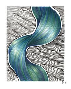 a drawing of waves in blue and green