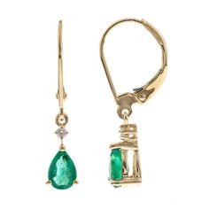 Decorate yourself in elegance with this Earring is crafted from 14K Yellow Gold by Gin & Grace Earring. This Earring is made up of 4X6 Pear-Cut prong setting Emerald (2 pcs) 0.72 Carat and Round-Cut prong setting Diamond (2 pcs) 0.03 Carat. This Earring is weight 1.2 grams. This delicate Earring is polished to a high finish shine. Simple leverback clasps keep these earrings securely fastened. Emerald Pear-shaped Fine Jewelry Earrings, Classic Emerald Pear-shaped Earrings, Elegant Pear-shaped Emerald Earrings, Classic Pear-shaped Emerald Earrings, Formal Pear-shaped Emerald Earrings, Fine Jewelry Pear-shaped May Birthstone Earrings, Classic Emerald Earrings In Yellow Gold, Fine Jewelry Pear-shaped Earrings For May Birthstone, Classic Yellow Gold Earrings With Emeralds