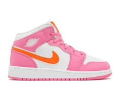 a pink and white shoe with orange accents