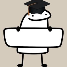 a cartoon character holding a sign with a graduation cap on it's head and arms