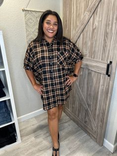 Cozy up and take on the cooler months in style with this Fall Oversized Plaid Flannel Button Down Dress! Its relaxed fit is perfect for layering or wearing on its own, and with its versatility, it can easily double as a tunic. No more flipping through countless outfits--this dress has you covered! SIZE DOWN! This is meant to be oversized, but most people size down one or two sizes. I'm in a medium here with PLENTY OF ROOM. This would be an adorable tunic with leggings if sizing down makes it too Casual Oversized Button-up Shirt Dress, Casual Fall Shirt Dress For Daywear, Casual Shirt Dress For Fall Daywear, Casual Shirt Dress With Relaxed Fit For Fall, Casual Fall Button-up Shirt Dress, Oversized Buttoned Shirt Dress For Fall, Casual Cotton Shirt Dress For Winter, Trendy Oversized Shirt Dress For Fall, Casual Plaid Button-up Shirt Dress