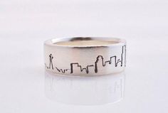 Seattle Cityscape Ring, 8mm Band, Handcrafted in Recycled Silver, Silver-Palladium, Palladium, Gold, Mountain Rings, Cityscape Rings, Skyline Ring, Alternative Wedding Bands, The Cascades, Mountain Ring, Hand Piercing, Silver Mountain, Mountain Jewelry