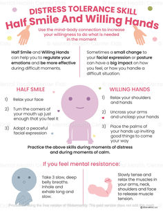 Half Smile and Willing Hands DBT Handout for Kids and Teens Half Smile Willing Hands Dbt, Soft Smile, Half Smile, Body Connection, Mental Health Center