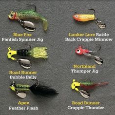 different types of fishing lures and their names on a gray surface with black border