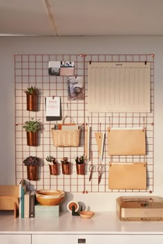 there is a wall with many items on it and some plants in the vases