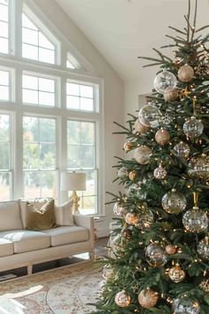 a living room with a christmas tree and couches in front of a large window