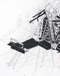 an abstract drawing of a structure with lines and dots in the air above it, on a white background