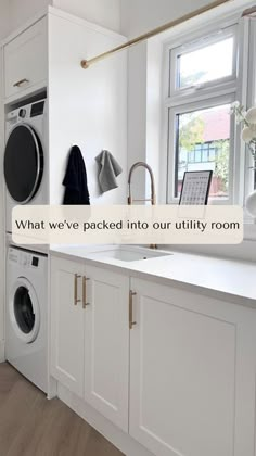 a laundry room with washer, dryer and cabinets in it that says what we've packed into our utility room