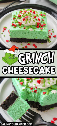 a close up of a piece of cake on a plate with the words grin cheesecake