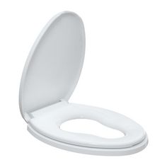 a white toilet seat with the lid open on a white background for use in public restrooms