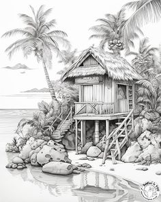 a drawing of a hut on the beach with palm trees and rocks in front of it