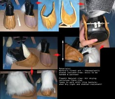 several pictures of different types of shoes being made with leather and furs, including sheep's feet