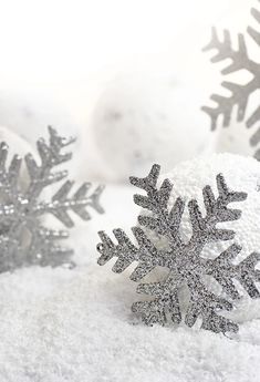 two silver snowflakes sitting in the snow