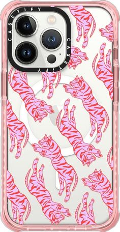 an iphone case with pink and white tiger print on the front, in clear plastic