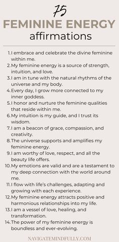 feminine energy affirmations Feminine Affirmations, Energy Affirmations, Powerful Feminine, Attract Positivity, Feminine Essence, Self Growth Quotes, Spiritual Prayers, Self Confidence Tips, Inner Goddess