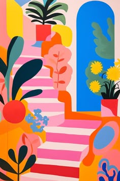 an abstract painting with flowers and plants in vases