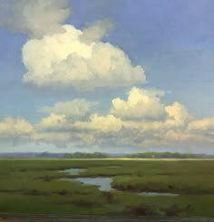 an oil painting of clouds and water in the distance with green grass on either side