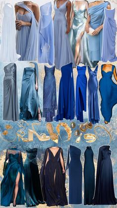 Formal dresses in different shades of blue with gold accessories Blue Dress Accessories, Blue Bridesmaids Dresses, Different Shades Of Blue, Summer Bridesmaid Dresses, Gold Bridesmaid Dresses, Blue Dress Formal, Indian Bridal Outfits, Blue Bridesmaid Dresses, Prom Outfits