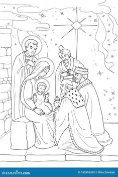 the birth of jesus coloring page for kids and adults with pictures of them in black and white