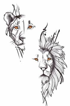 two lions with orange eyes are shown in this tattoo design