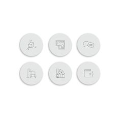 six white circles with different icons on them