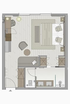 the floor plan for a small apartment with two beds and one living room in it