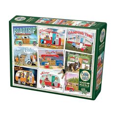 a puzzle box with pictures of trucks and vehicles on it's front, including the words road trip