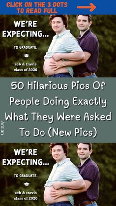 two men hugging each other with the caption that reads, 50 hilarious pics of people doing exactly what they were asked to do new pics