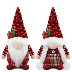 two red and white christmas gnomes with sequins on their heads, one wearing a santa claus hat