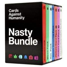 The Nasty Bundle is an abominable collection of the spiciest expansion packs we've ever written. It contains cards previously released in the Period Pack, Weed Pack, Ass Pack, Saves America Pack, and Picture Card Packs, plus a handful of brand-new cards we wrote just for you sickos. Shuffle these into your regular set of Cards Against Humanity and make everyone uncomfortable at game night. Color: Black. Cards Against Humanity Packs, Period Pack, Cards Against Humanity Game, Mouth Game, Hobby Games, Poker Cards, Drinking Games, Picture Cards, Up Game