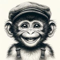 a black and white drawing of a monkey wearing a hat with suspenders on it