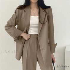 Lasaky - Loose-Fit White Blazer Style Outerwear Top Plain Blazer, Khaki Suit, Khaki Coat, Straight Fit Pants, Winter Pants, Blazer Set, Princesa Diana, Long Sleeves Coats, Casual Suit