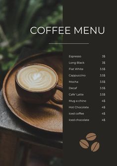 a coffee menu is shown on top of a wooden plate with an espresso in it