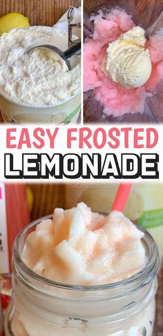 homemade lemonade in a mason jar with text overlay that reads easy frosted lemonade