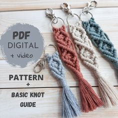 four different colored tassels with the text, pattern and basic knott guide