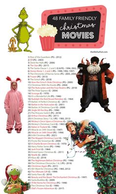 an image of christmas movies with characters in costumes and names on the back side of it