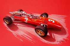 a painting of a racing car on a red background