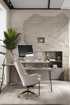 a white chair sitting in front of a desk with a computer on top of it