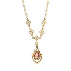 A vintage-inspired piece made for the woman who has it all, this gold tone cameo necklace from 1928 is the perfect addition to any jewelry box. A vintage-inspired piece made for the woman who has it all, this gold tone cameo necklace from 1928 is the perfect addition to any jewelry box. FEATURES Pendant size: 1.15 in. Chain length: 16 in. with 3-in. extender Clasp: lobster-claw Metal: alloy Plating: gold tone Finish: polished Material: resin Not appropriate for children 14 years old and younger. Vintage Oval Pendant Necklaces With 17 Jewels, Antique Gold Retro Jewelry For Vintage Collection, Elegant Brass Necklace, Classic Cameo Necklace With Oval Pendant, Antique Gold Cameo Pendant Necklace, Antique Gold Necklaces With Vintage Charm And Oval Pendant, Antique Gold Necklace With Vintage Charm Oval Pendant, Antique Gold Oval Pendant Necklace With Vintage Charm, Vintage Chain Necklace With 17 Jewels